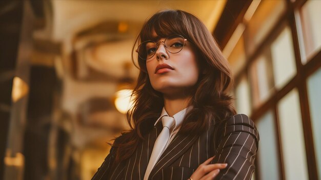 Photo a woman in a suit and glasses standing in an office