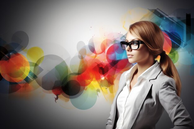 A woman in a suit and glasses stands in front of a colorful background