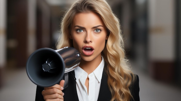 a woman in a suit holding a loudspeaker