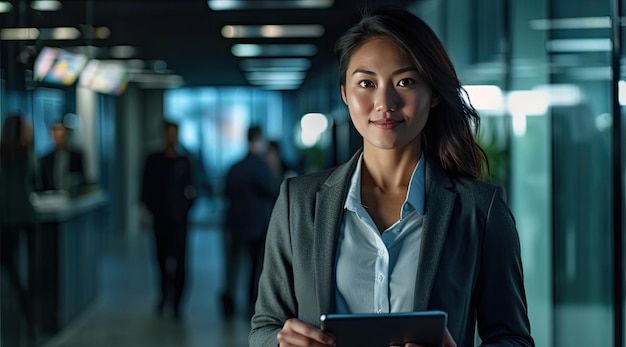 Photo a woman in a suit holds a tablet in front of a blurred background of people walking in a hallway.