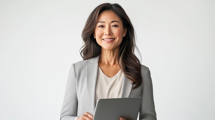Photo スーツを着た女性がタブレットを持って彼女がそれを持っていると書かれたフォルダを持っています
