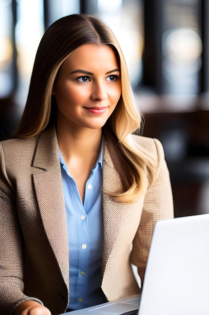 A woman in a suit is holding a laptop