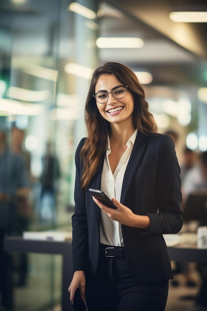 a woman in a suit is holding a phone and smiling