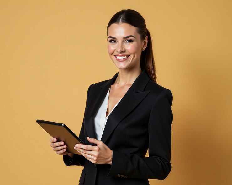 スーツを着た女性がタブレットを持って笑っている