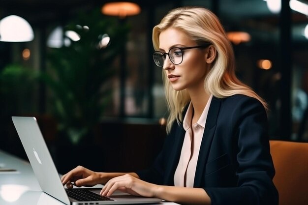 a woman in a suit is typing on a laptop