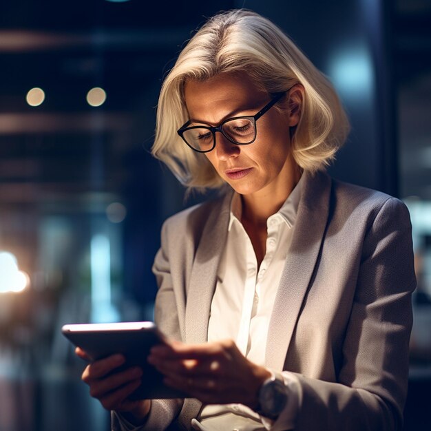 A woman in a suit is using a phone and wearing glasses.