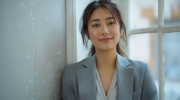 A woman in a suit leaning against a window