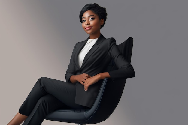 a woman in a suit sits in a chair.