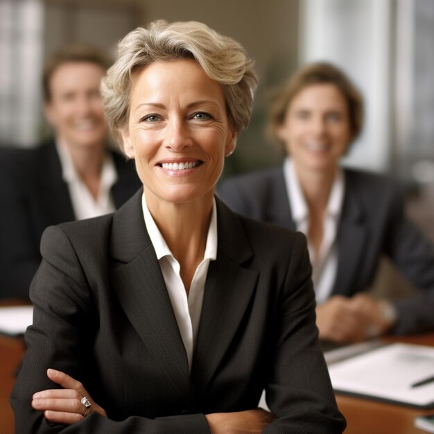 Photo a woman in a suit sits at a desk with other people in the background.