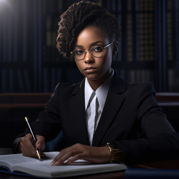 A woman in a suit sits at a desk with a pen in her hand and a pen in her hand.