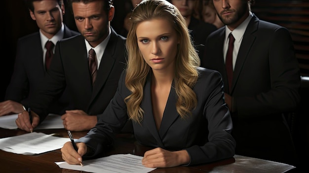 スーツを着た女性が「会社」と書かれた書類の前に座っている。