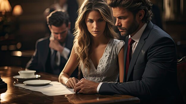 Photo a woman in a suit sits at a table in front of a man in a suit and the words 