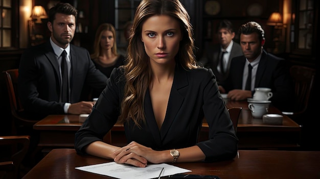 a woman in a suit sits at a table with a document that says "