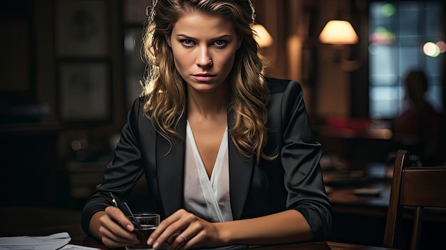 a woman in a suit sits at a table with a phone in her hand.