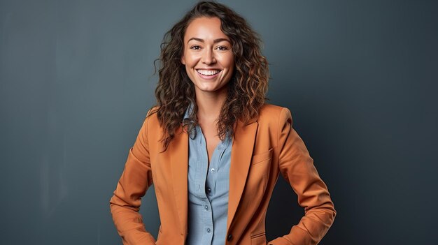 A woman in a suit smiles for the camera.