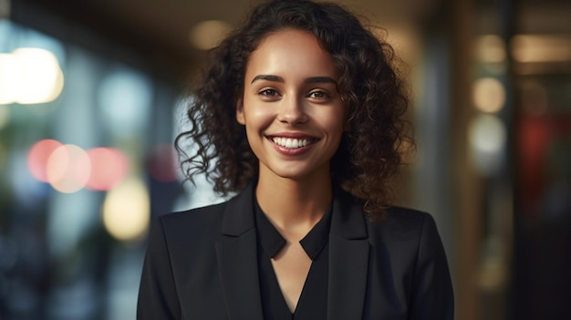 a woman in a suit smiles for the camera.