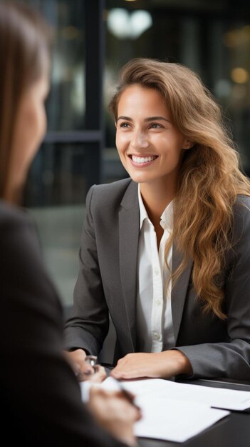 a woman in a suit smiles at a man in a suit