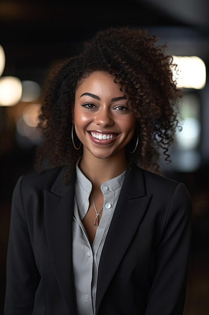 a woman in a suit smiles for a photo.