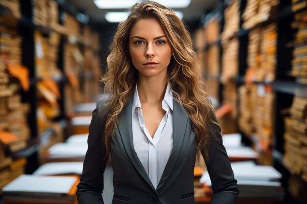 a woman in a suit standing in front of a file cabinet