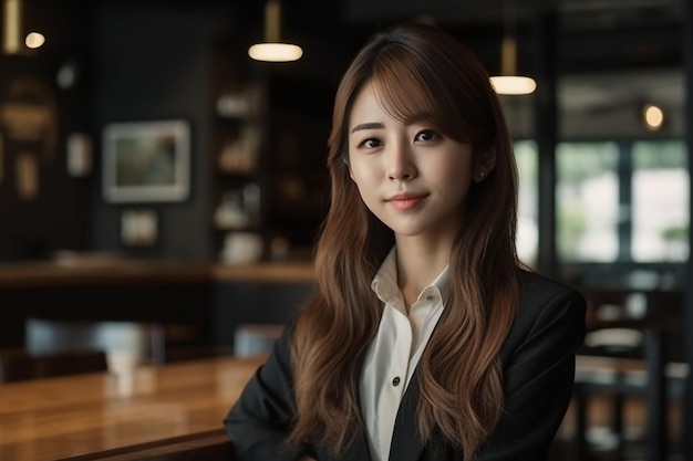 A woman in a suit stands in a bar with her arms crossed.