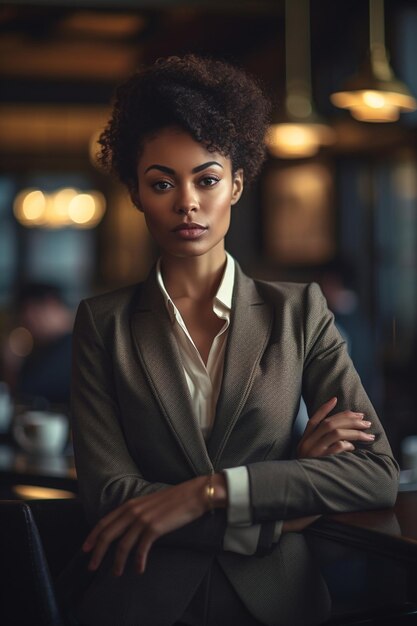 Photo a woman in a suit stands at a bar with her arms crossed.