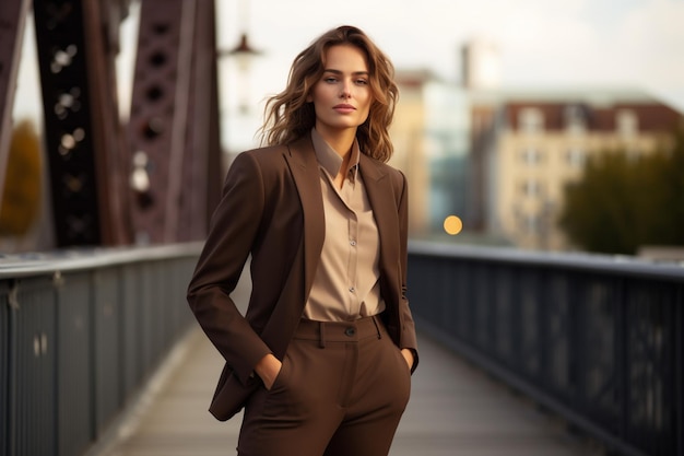 A woman in a suit stands on a bridge