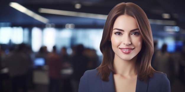 A woman in a suit stands in a busy office