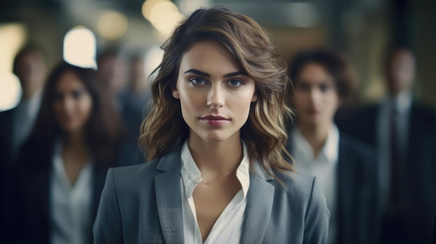 A woman in a suit stands in a crowd with her hair pulled back.