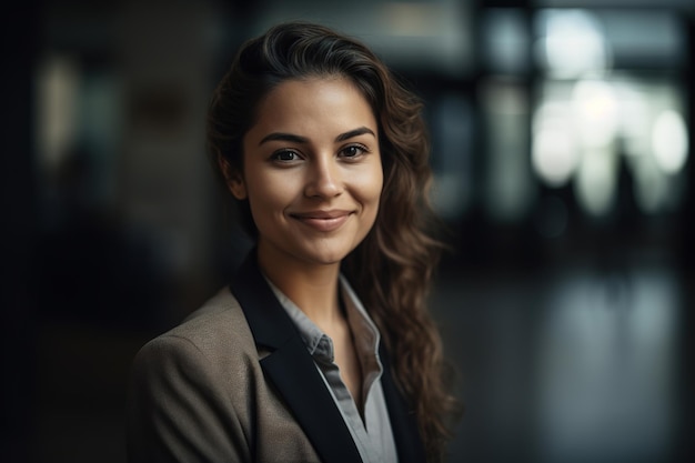 A woman in a suit stands in a dark room.