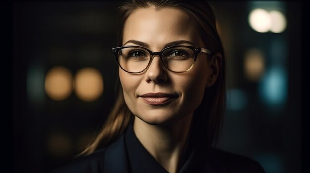 A woman in a suit stands in front of a blurred background