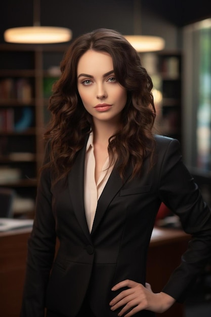 a woman in a suit stands in front of a book shelf.