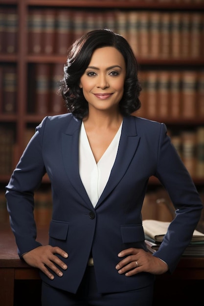 Photo a woman in a suit stands in front of a bookshelf