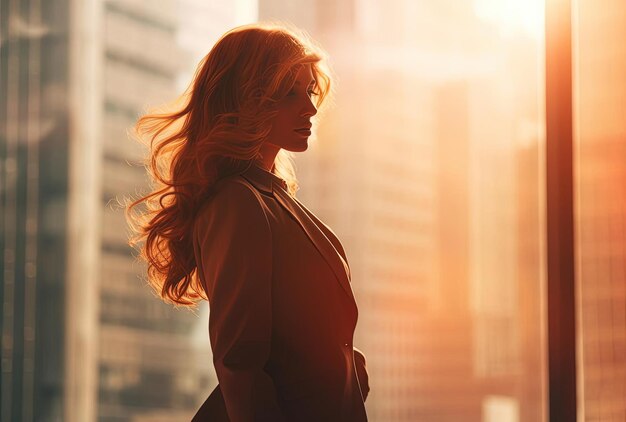 Foto una donna in abito si trova di fronte a un edificio con il sole dietro di lei