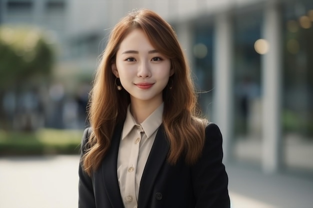 A woman in a suit stands in front of a building.