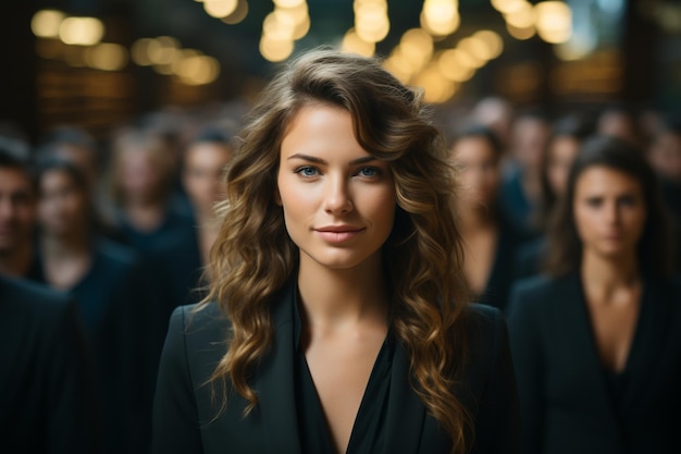 Premium AI Image | A woman in a suit stands in front of a crowd of people.