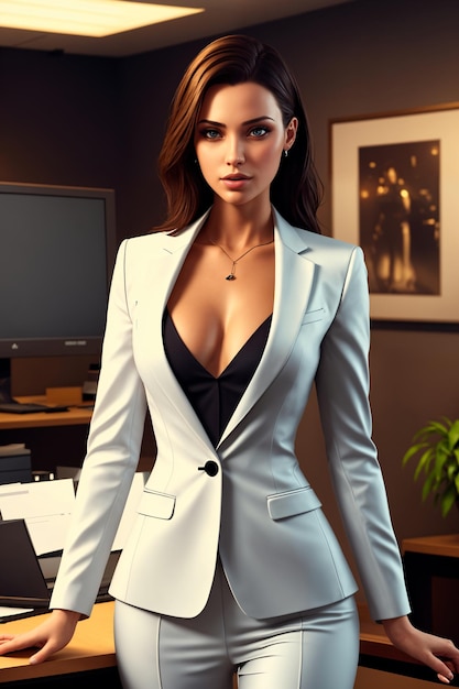 양복을 입은 여성이 컴퓨터 화면이 있는 책상 앞에 서 있다