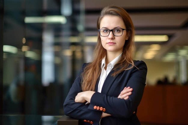 A woman in a suit stands in front of a glass wall.