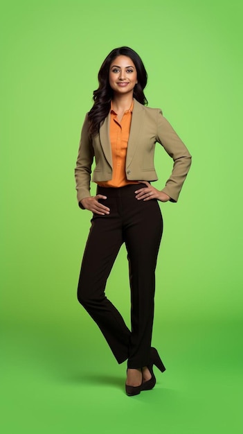 a woman in a suit stands in front of a green background.