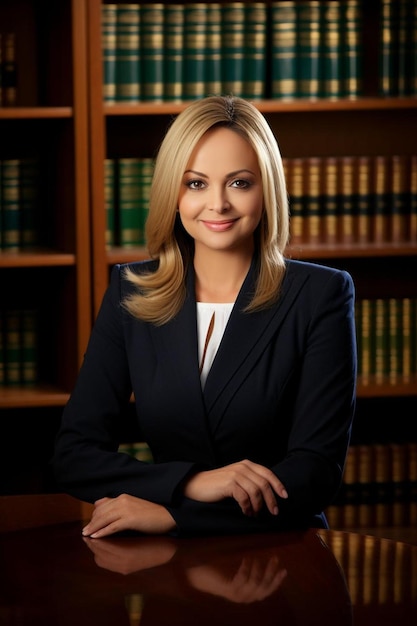 a woman in a suit stands in front of a library full of books