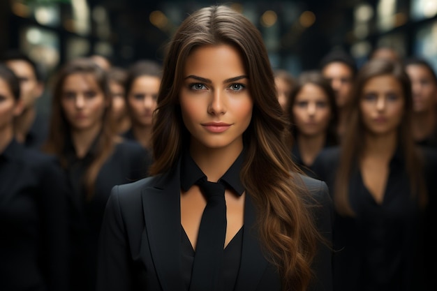 A woman in a suit stands in front of a line of other women.