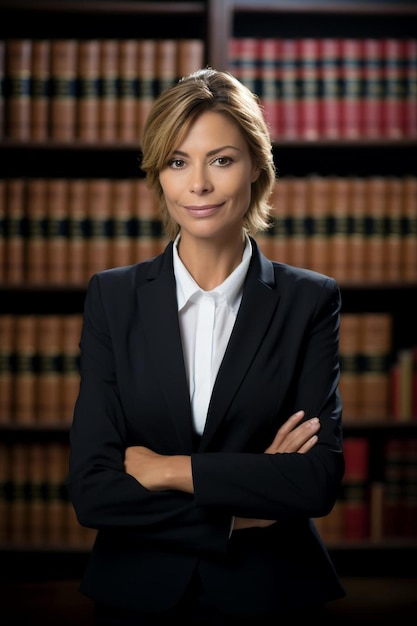 Photo a woman in a suit stands in front of a row of books