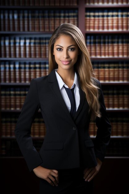 Photo a woman in a suit stands in front of a row of books