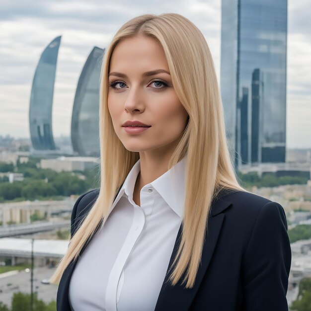 a woman in a suit stands in front of a tall building