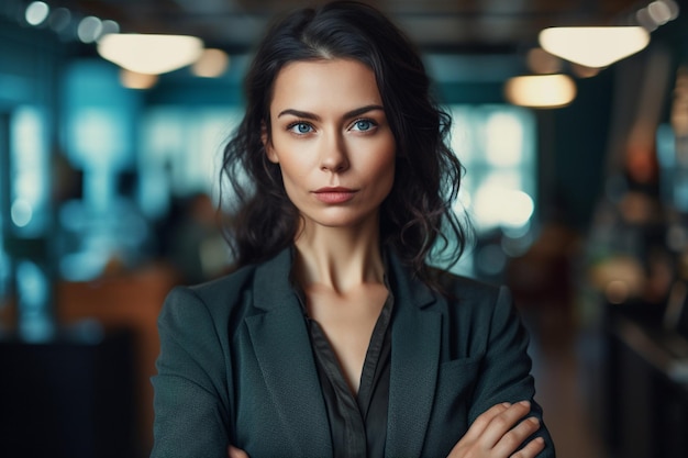 a woman in a suit stands in front of a wall of a window.