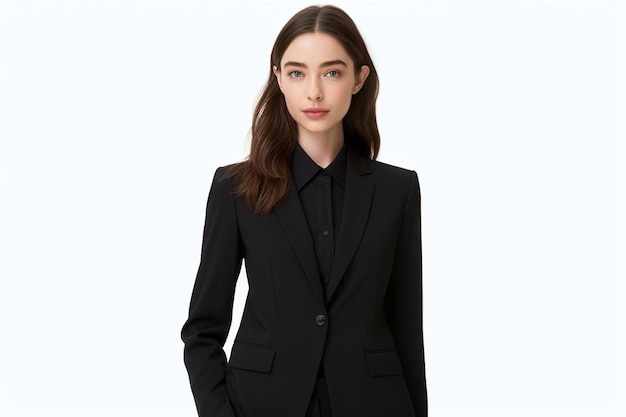 Photo a woman in a suit stands in front of a white background