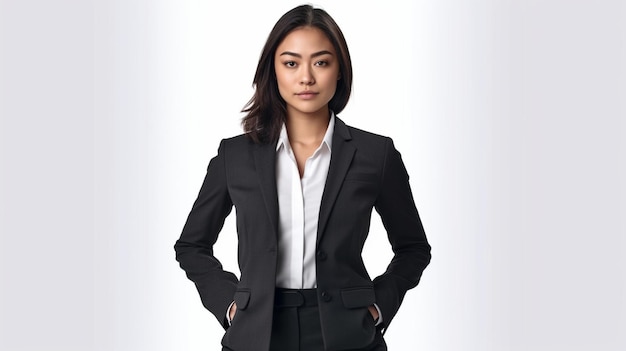 A woman in a suit stands in front of a white background.