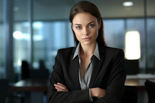 A woman in a suit stands in front of a window with her arms crossed.