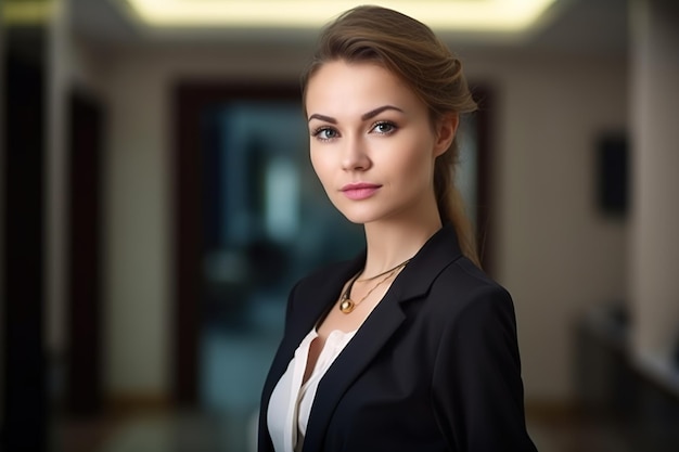 A woman in a suit stands in front of a window.