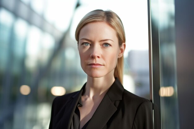 A woman in a suit stands in front of a window.