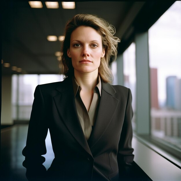 Photo a woman in a suit stands in front of a window.